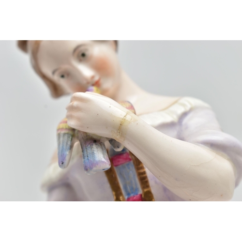 179 - A 19TH CENTURY STEVENSON & HANCOCK DERBY PORCELAIN FIGURE OF A YOUNG LADY HOLDING A BIRD, modelled w... 