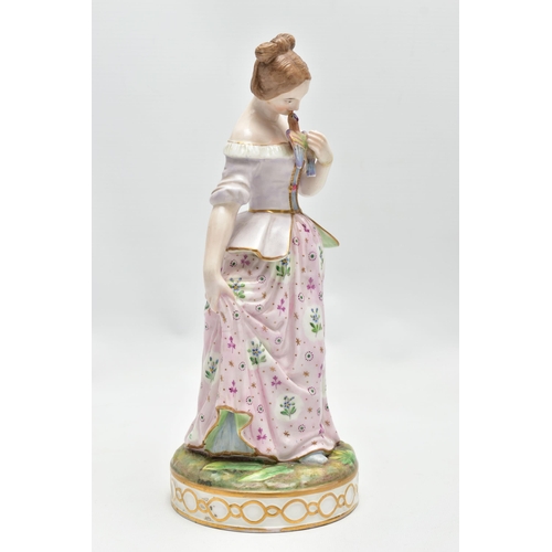 179 - A 19TH CENTURY STEVENSON & HANCOCK DERBY PORCELAIN FIGURE OF A YOUNG LADY HOLDING A BIRD, modelled w... 