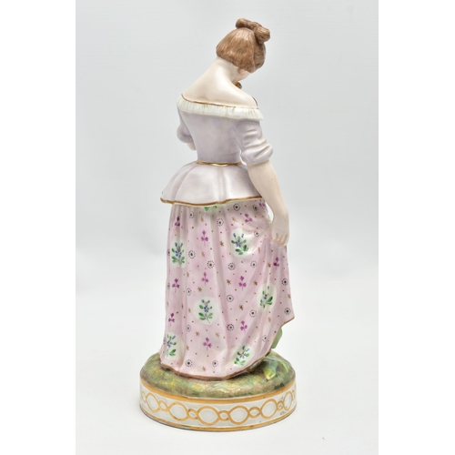 179 - A 19TH CENTURY STEVENSON & HANCOCK DERBY PORCELAIN FIGURE OF A YOUNG LADY HOLDING A BIRD, modelled w... 