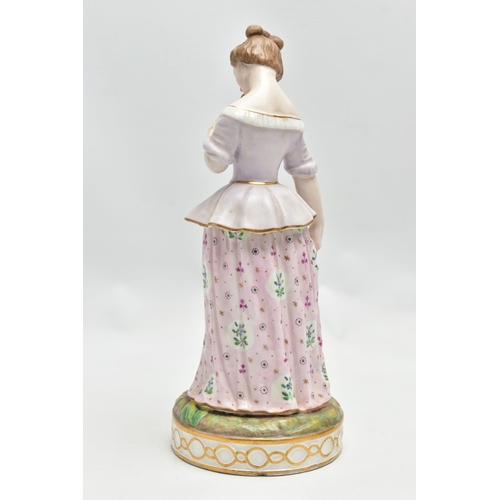 179 - A 19TH CENTURY STEVENSON & HANCOCK DERBY PORCELAIN FIGURE OF A YOUNG LADY HOLDING A BIRD, modelled w... 