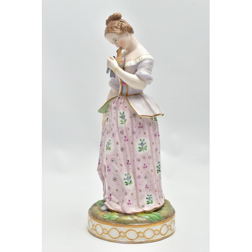 179 - A 19TH CENTURY STEVENSON & HANCOCK DERBY PORCELAIN FIGURE OF A YOUNG LADY HOLDING A BIRD, modelled w... 