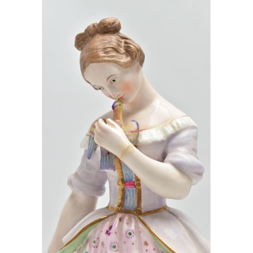 179 - A 19TH CENTURY STEVENSON & HANCOCK DERBY PORCELAIN FIGURE OF A YOUNG LADY HOLDING A BIRD, modelled w... 