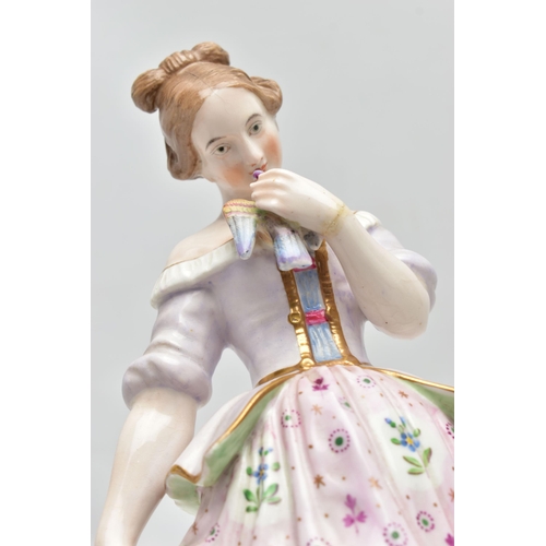 179 - A 19TH CENTURY STEVENSON & HANCOCK DERBY PORCELAIN FIGURE OF A YOUNG LADY HOLDING A BIRD, modelled w... 