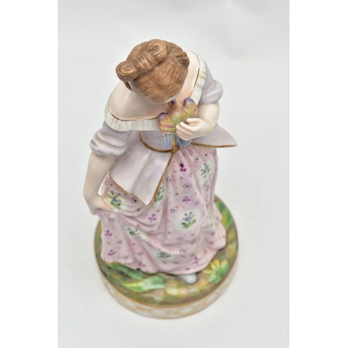 179 - A 19TH CENTURY STEVENSON & HANCOCK DERBY PORCELAIN FIGURE OF A YOUNG LADY HOLDING A BIRD, modelled w... 