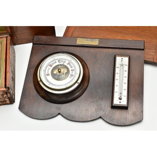 180 - A GROUP OF FIVE 19TH AND 20TH CENTURY BOXES / BAROMETER, comprising a Napoleonic Prisoner of War str... 