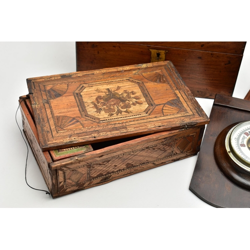 180 - A GROUP OF FIVE 19TH AND 20TH CENTURY BOXES / BAROMETER, comprising a Napoleonic Prisoner of War str... 