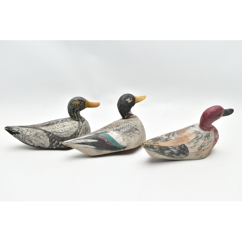 182 - THREE CARVED WOODEN DECOY DUCKS WITH POLYCHROME PAINTED DECORATION, impressed circle eyes, slightly ... 