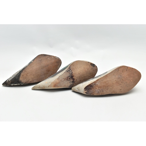 182 - THREE CARVED WOODEN DECOY DUCKS WITH POLYCHROME PAINTED DECORATION, impressed circle eyes, slightly ... 