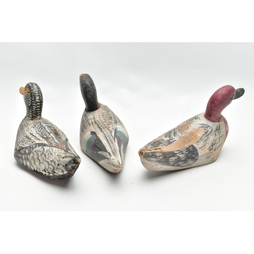 182 - THREE CARVED WOODEN DECOY DUCKS WITH POLYCHROME PAINTED DECORATION, impressed circle eyes, slightly ... 