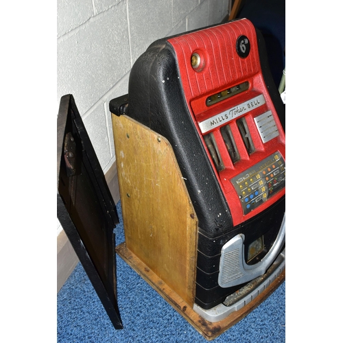 186 - A MILLS 'TOKEN BELL' ONE ARMED BANDIT,  red, black, chrome, aluminium and wood case, on a wooden bas... 