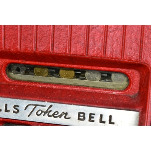 186 - A MILLS 'TOKEN BELL' ONE ARMED BANDIT,  red, black, chrome, aluminium and wood case, on a wooden bas... 