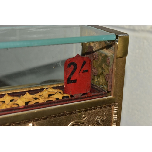 187 - A 20TH CENTURY AMERICAN BRASS CASH REGISTER BY NATIONAL DAYTON OF OHIO, mounted on a wooden plinth, ... 