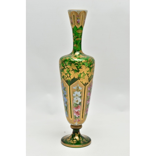 189 - A LATE 19TH CENTURY BOHEMIAN WHITE OVERLAID GREEN GLASS BALUSTER VASE, the white panels painted with... 