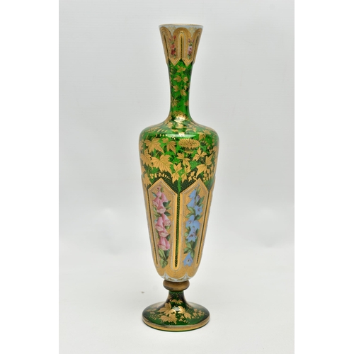 189 - A LATE 19TH CENTURY BOHEMIAN WHITE OVERLAID GREEN GLASS BALUSTER VASE, the white panels painted with... 