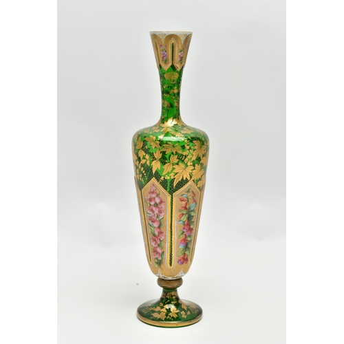 189 - A LATE 19TH CENTURY BOHEMIAN WHITE OVERLAID GREEN GLASS BALUSTER VASE, the white panels painted with... 