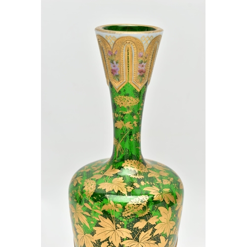 189 - A LATE 19TH CENTURY BOHEMIAN WHITE OVERLAID GREEN GLASS BALUSTER VASE, the white panels painted with... 