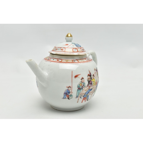 190 - AN 18TH CENTURY CHINESE PORCELAIN BULLET SHAPED TEAPOT, the domed cover with gilt finial, wavy rim a... 