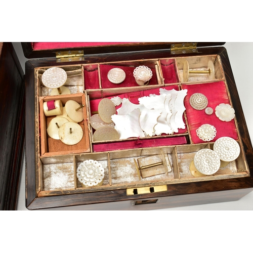 191 - A VICTORIAN COROMANDEL AND MOTHER OF PEARL INLAID SEWING BOX IN NEED OF RESTORATION, the worn interi... 