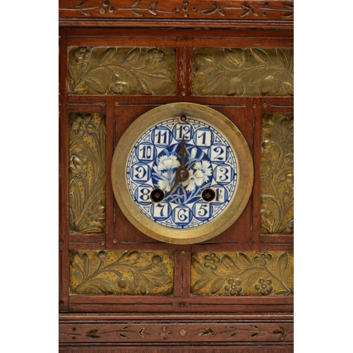 193 - TWO AESTHETIC MANTEL CLOCKS, the larger one of rectangular form with brass finials to the corner upr... 