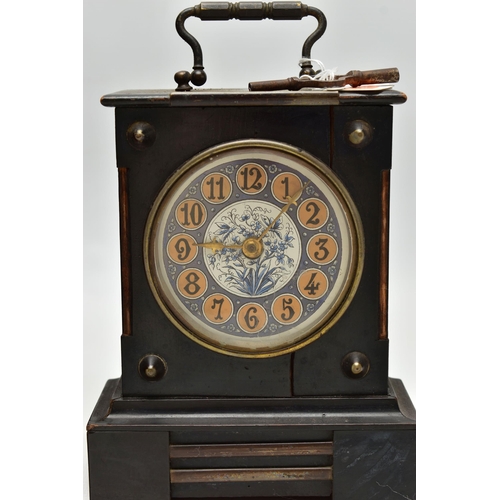 193 - TWO AESTHETIC MANTEL CLOCKS, the larger one of rectangular form with brass finials to the corner upr... 