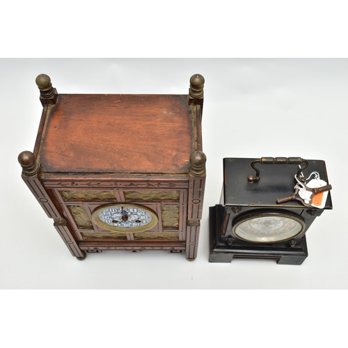 193 - TWO AESTHETIC MANTEL CLOCKS, the larger one of rectangular form with brass finials to the corner upr... 