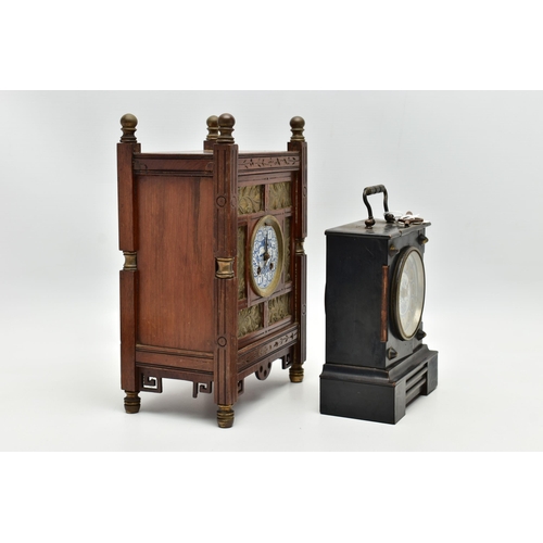 193 - TWO AESTHETIC MANTEL CLOCKS, the larger one of rectangular form with brass finials to the corner upr... 