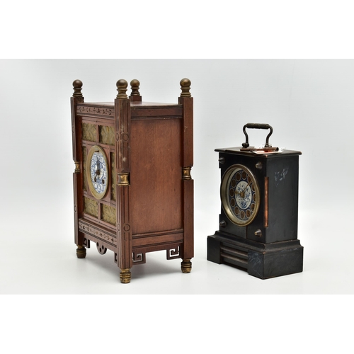 193 - TWO AESTHETIC MANTEL CLOCKS, the larger one of rectangular form with brass finials to the corner upr... 