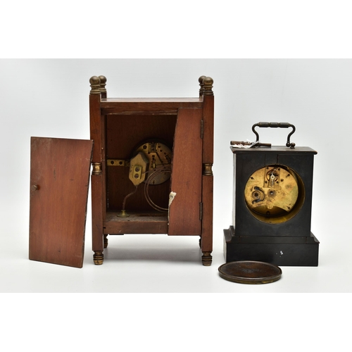 193 - TWO AESTHETIC MANTEL CLOCKS, the larger one of rectangular form with brass finials to the corner upr... 