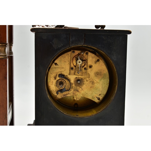 193 - TWO AESTHETIC MANTEL CLOCKS, the larger one of rectangular form with brass finials to the corner upr... 