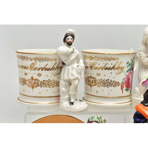 194 - A GROUP OF 19TH AND EARLY 20TH CENTURY CERAMICS, comprising a family group of three hand painted Bri... 