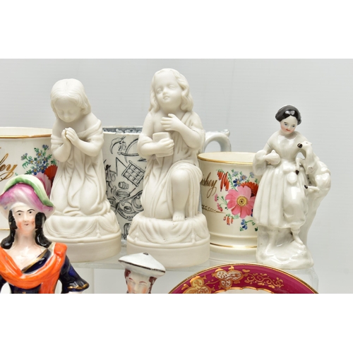 194 - A GROUP OF 19TH AND EARLY 20TH CENTURY CERAMICS, comprising a family group of three hand painted Bri... 