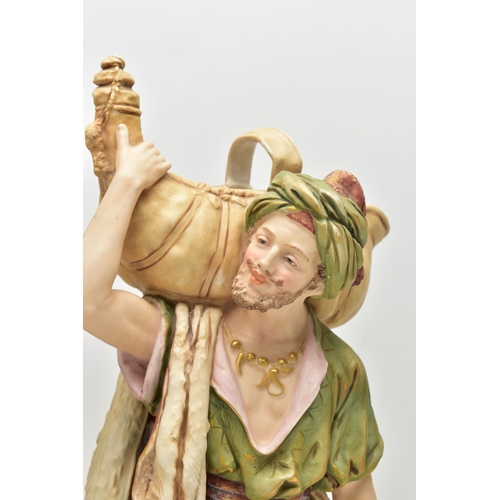 195 - A PAIR OF ROYAL DUX FIGURES OF MALE AND FEMALE WATER CARRIERS, modelled as standing on circular base... 