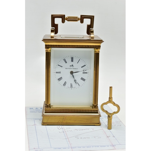 198 - A MATTHEW NORMAN OF LONDON BRASS CASED CARRIAGE CLOCK, Swiss movement, white enamel dial with Roman ... 