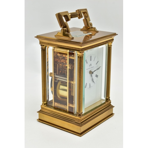 198 - A MATTHEW NORMAN OF LONDON BRASS CASED CARRIAGE CLOCK, Swiss movement, white enamel dial with Roman ... 