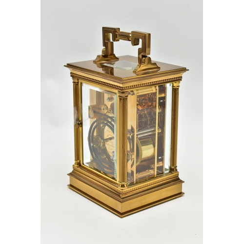 198 - A MATTHEW NORMAN OF LONDON BRASS CASED CARRIAGE CLOCK, Swiss movement, white enamel dial with Roman ... 