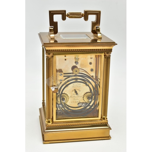 198 - A MATTHEW NORMAN OF LONDON BRASS CASED CARRIAGE CLOCK, Swiss movement, white enamel dial with Roman ... 