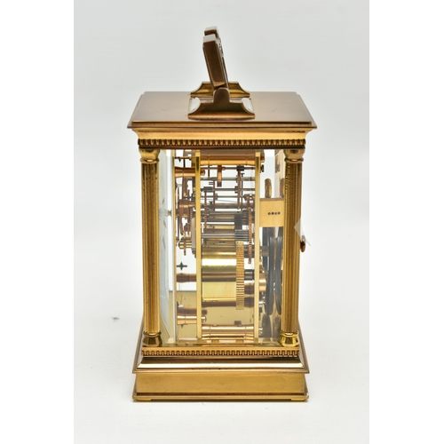 198 - A MATTHEW NORMAN OF LONDON BRASS CASED CARRIAGE CLOCK, Swiss movement, white enamel dial with Roman ... 