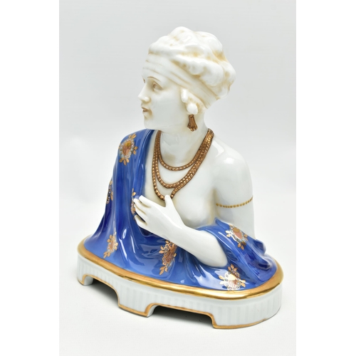 199 - AN EARLY 20TH CENTURY SCHWARZA-SAALBAHN (E & A MÜLLER) PORCELAIN BUST OF A SCANTILY CLAD ART DECO LA... 