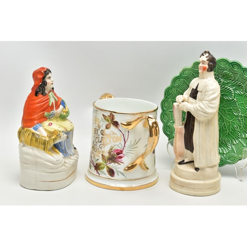 201 - TWO VICTORIAN STAFFORDSHIRE POTTERY FIGURES AND TWO OTHER VICTORIAN CERAMIC ITEMS, comprising a Staf... 