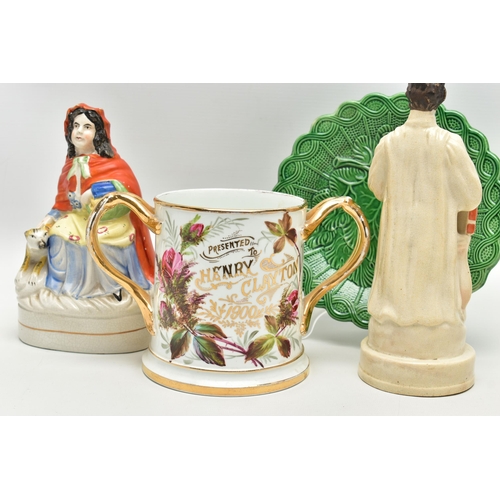 201 - TWO VICTORIAN STAFFORDSHIRE POTTERY FIGURES AND TWO OTHER VICTORIAN CERAMIC ITEMS, comprising a Staf... 