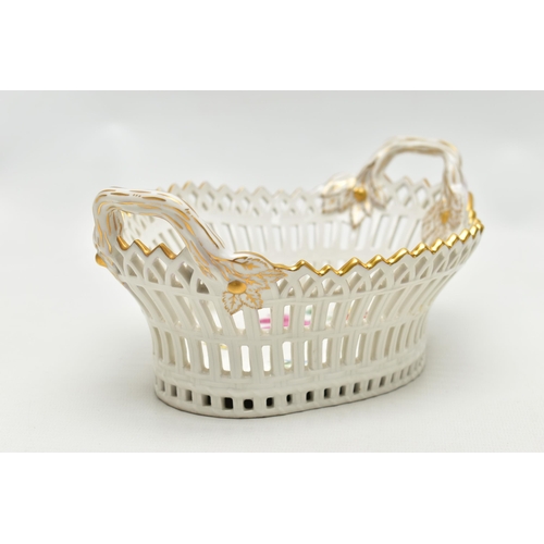 202 - A 20TH CENTURY KPM BERLIN RETICULATED TWIN HANDLED BASKET OF SHAPED OVAL FORM, painted with flowers ... 