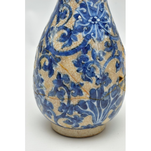 205 - FIVE PIECES OF 19TH CENTURY CHINESE PORCELAIN, comprising two crackle glaze baluster vases, decorate... 