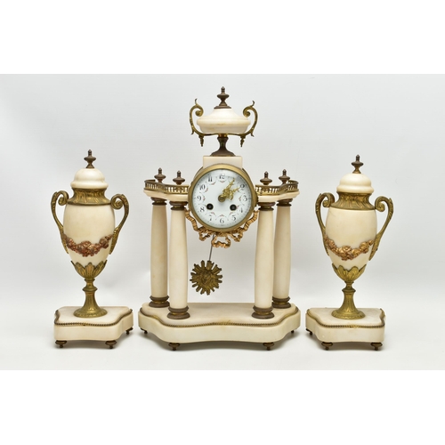 206 - A LATE 19TH CENTURY FRENCH WHITE MARBLE AND GILT METAL CLOCK GARNITURE, the clock with urn surmount ... 