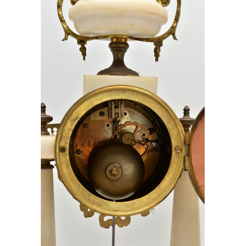 206 - A LATE 19TH CENTURY FRENCH WHITE MARBLE AND GILT METAL CLOCK GARNITURE, the clock with urn surmount ... 