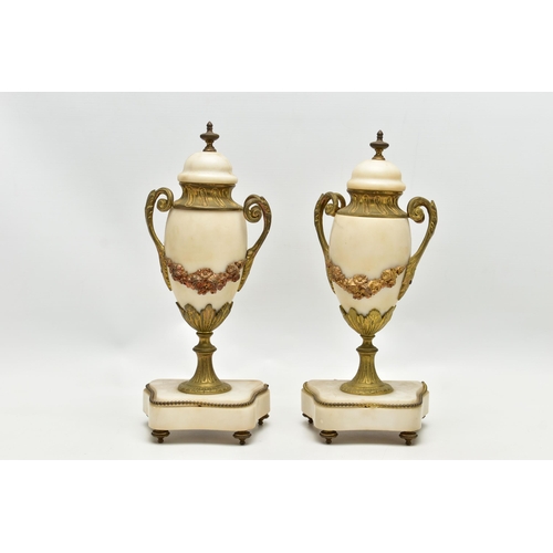 206 - A LATE 19TH CENTURY FRENCH WHITE MARBLE AND GILT METAL CLOCK GARNITURE, the clock with urn surmount ... 