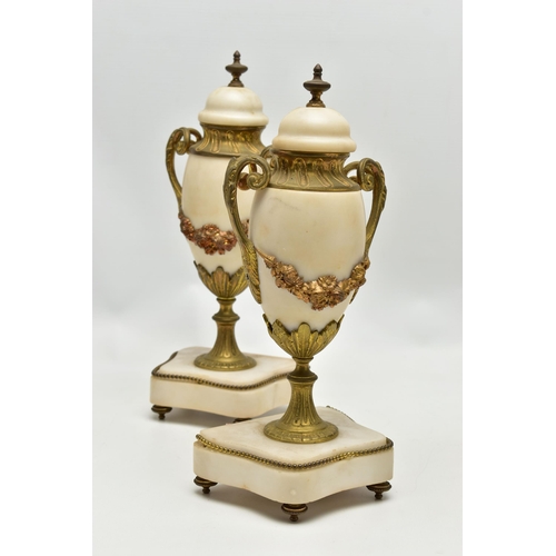 206 - A LATE 19TH CENTURY FRENCH WHITE MARBLE AND GILT METAL CLOCK GARNITURE, the clock with urn surmount ... 