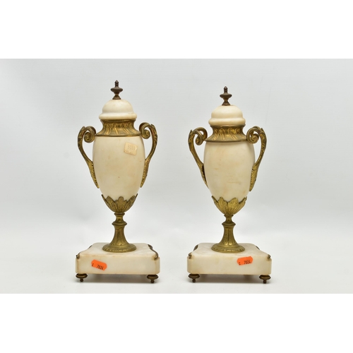 206 - A LATE 19TH CENTURY FRENCH WHITE MARBLE AND GILT METAL CLOCK GARNITURE, the clock with urn surmount ... 