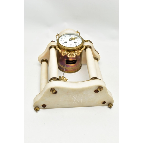 206 - A LATE 19TH CENTURY FRENCH WHITE MARBLE AND GILT METAL CLOCK GARNITURE, the clock with urn surmount ... 