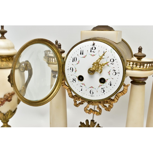 206 - A LATE 19TH CENTURY FRENCH WHITE MARBLE AND GILT METAL CLOCK GARNITURE, the clock with urn surmount ... 