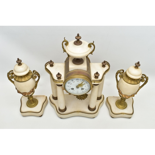 206 - A LATE 19TH CENTURY FRENCH WHITE MARBLE AND GILT METAL CLOCK GARNITURE, the clock with urn surmount ... 